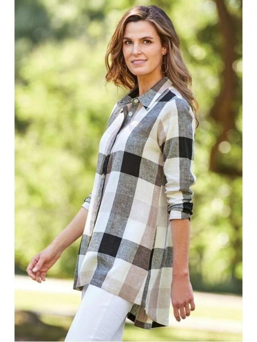 Soft Surroundings Carreaux Tan Black White Plaid Check Tunic Button Down Shirt M